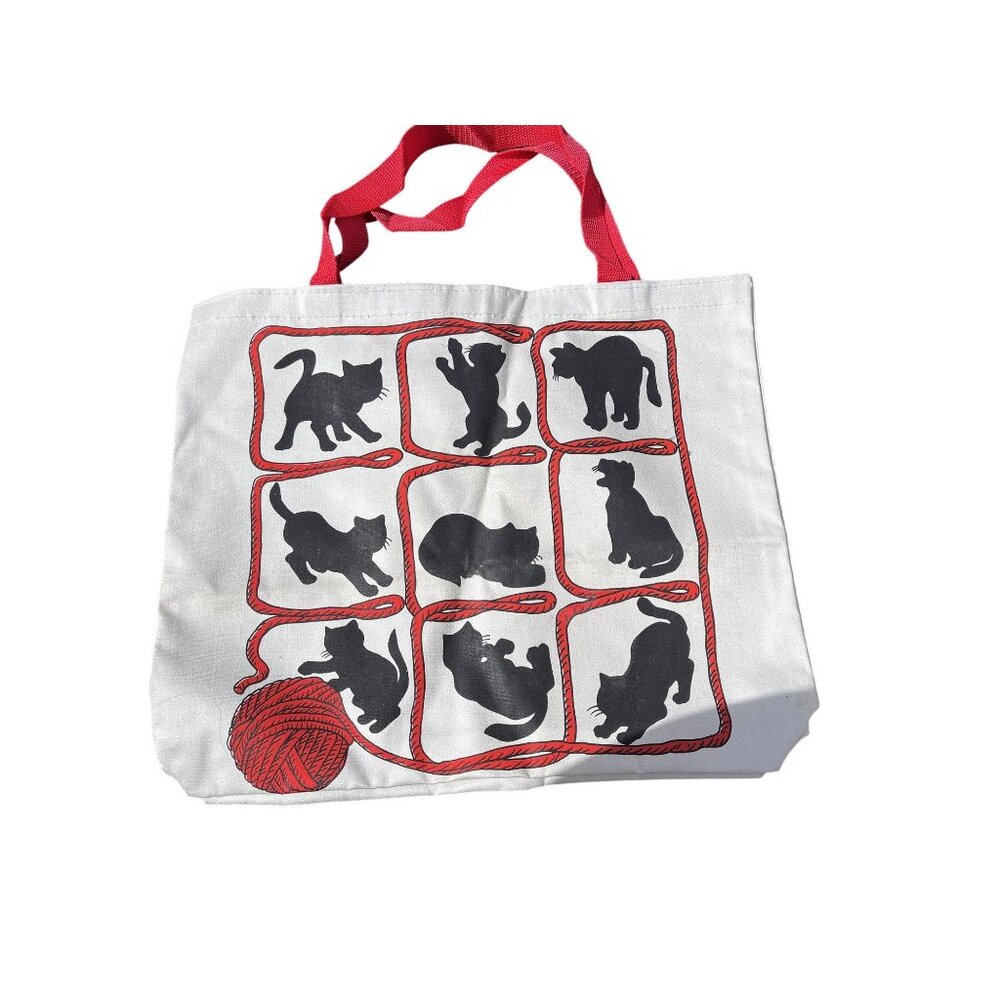 Vintage Black Silhouette Cats Yarn Knitting Crochet Tote Bag 16" x 13"